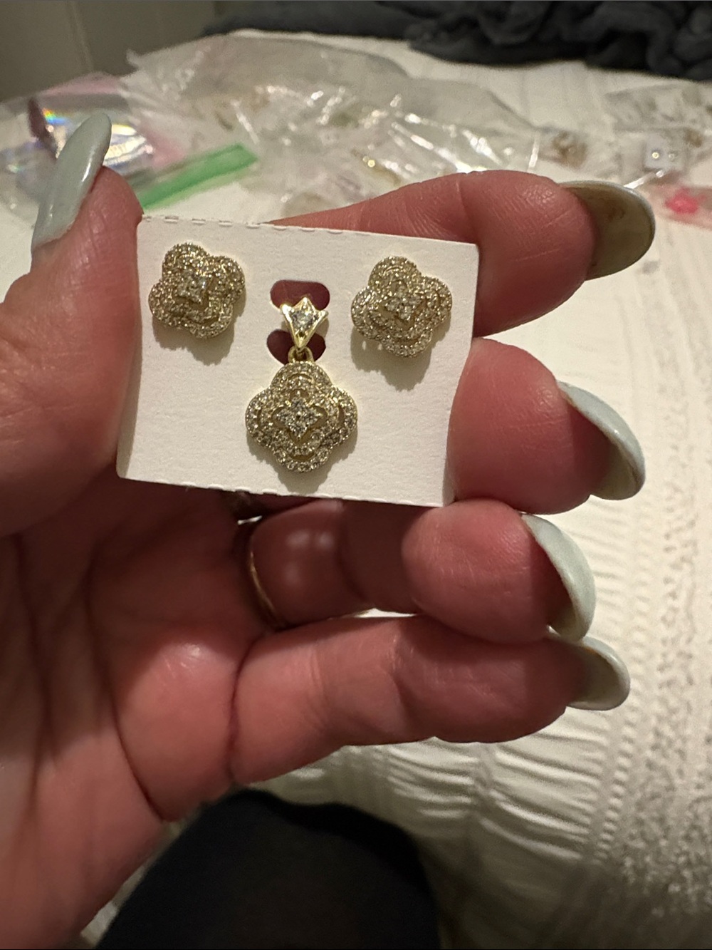 Gold-Tone Pave Flower Pendant and Stud Earring Set